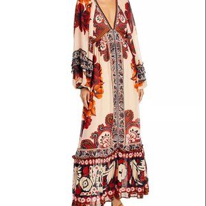 NWT Farm Rio Winter Tapestry Plunging Neck Maxi Dress sz L